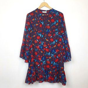 Calvin Klein Dark Plum Floral Chiffon Long Sleeve Flutter Hem Dress, Size 6, EUC